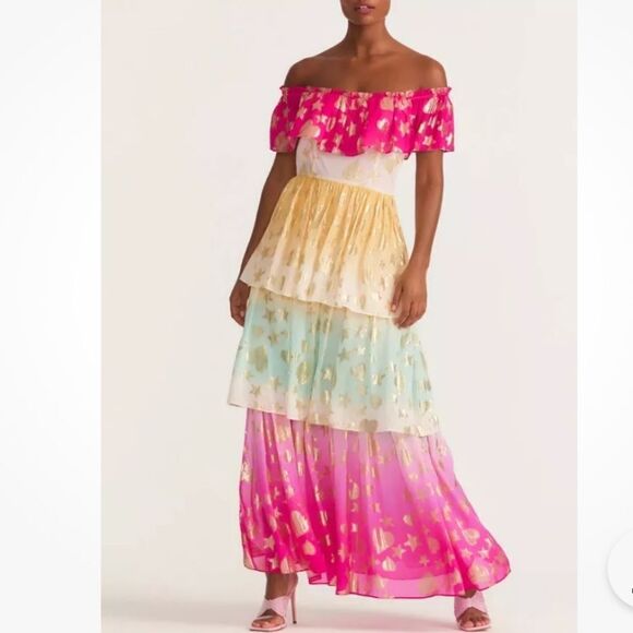 NWT LoveShackFancy VYNNE Maxi off shoulder DRESS SURFER FUSCHIA LIGHT Size: 8 - Picture 1 of 16